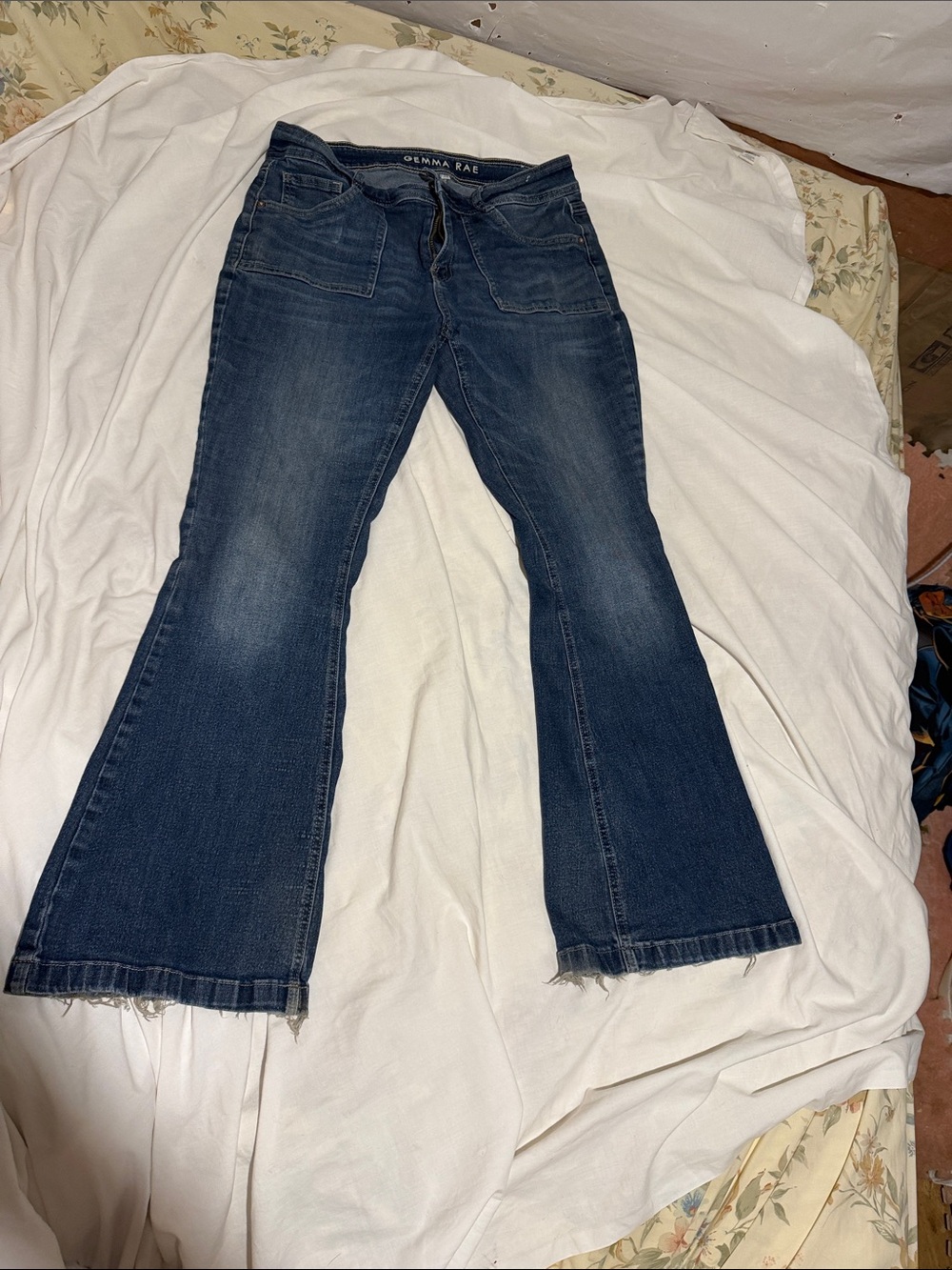 Gemma Rae Dark Blue Flare Jeans with Raw Hem